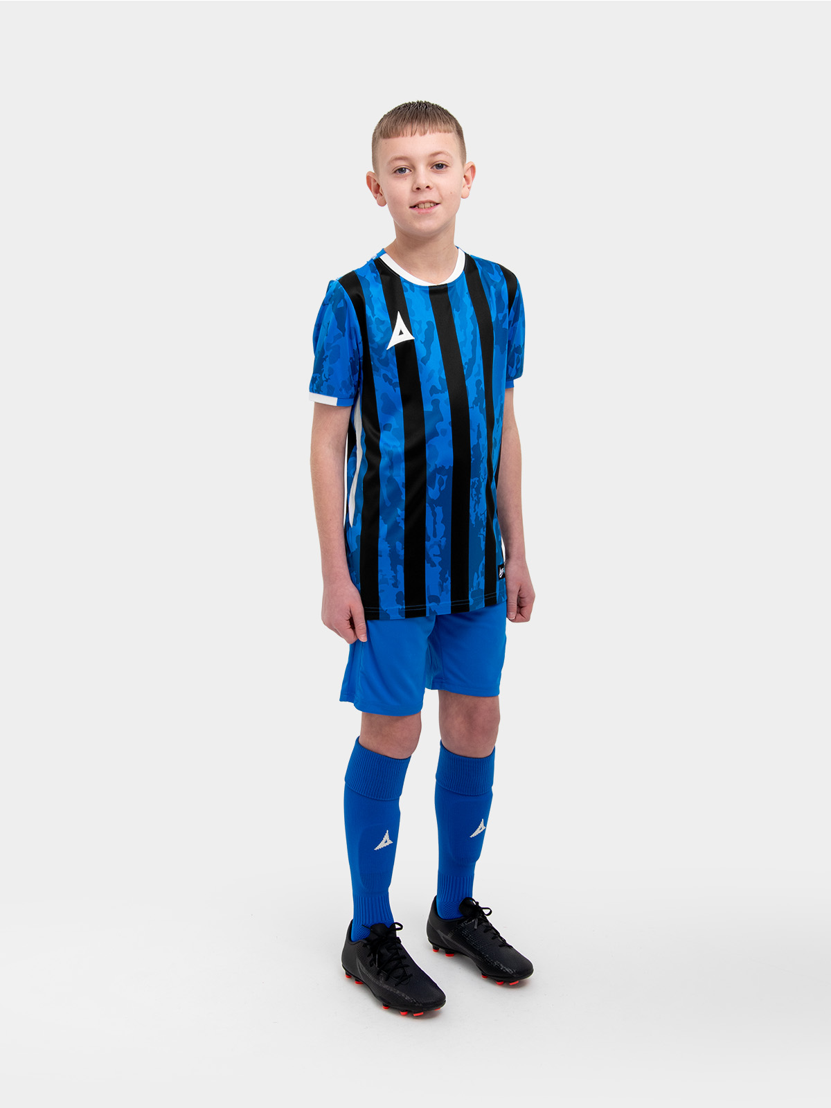 a kids football kit in royal blue and black with stripes and matching royal blue shorts and socks