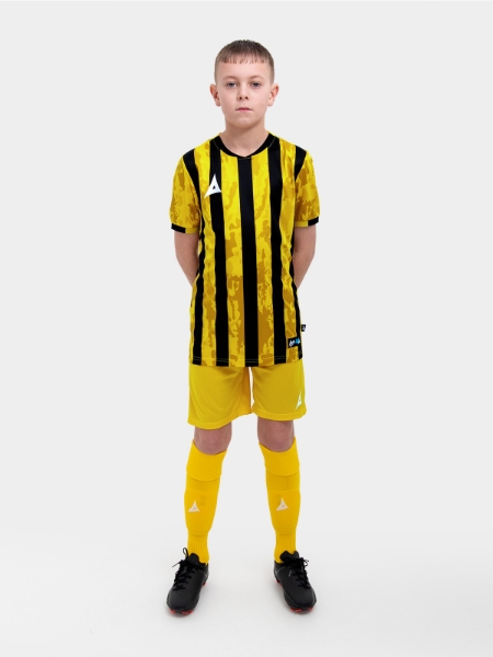 A kids football kit in yellow and black with stripes and matching yellow shorts and socks