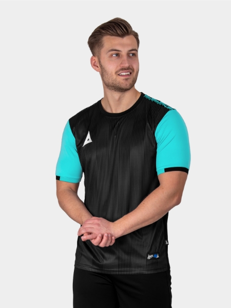 A Black Football Shirt with a two-tone black graphic print design and light blue sleeves