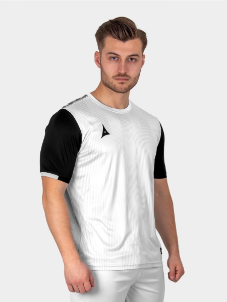 A white and black football shirt with graphic print