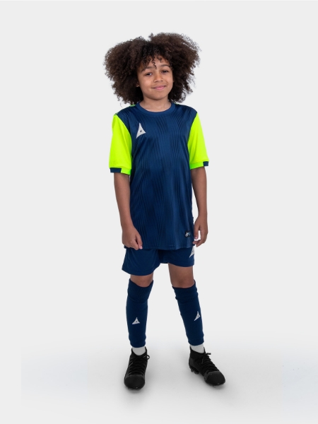 	A kids football kit in navy blue with yellow sleeves