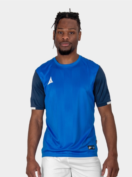 A Royal Blue Football Shirt with graphic print, is complimented with navy sleeves.