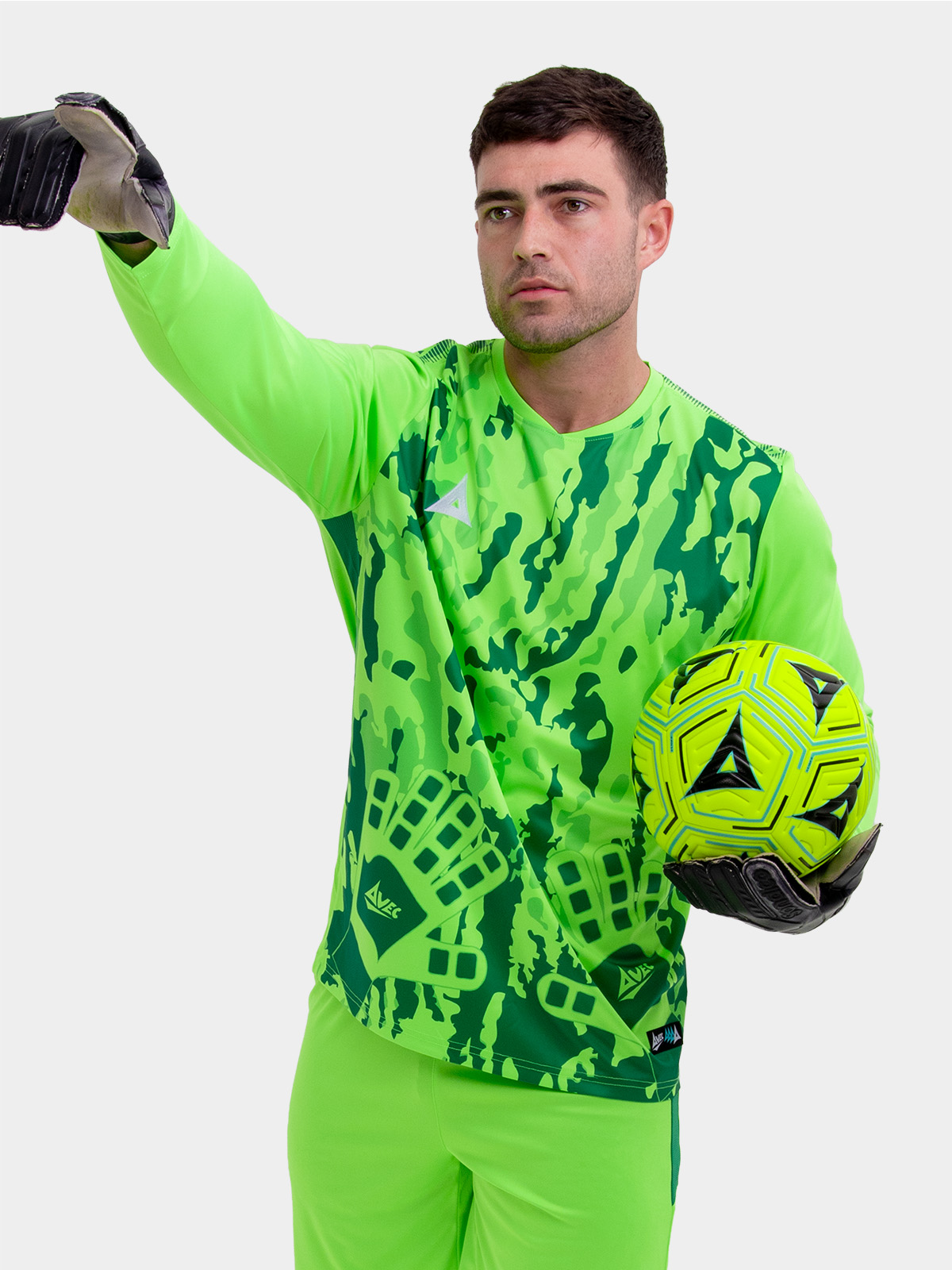 	a model wearing a goalkeeper kit in neon green