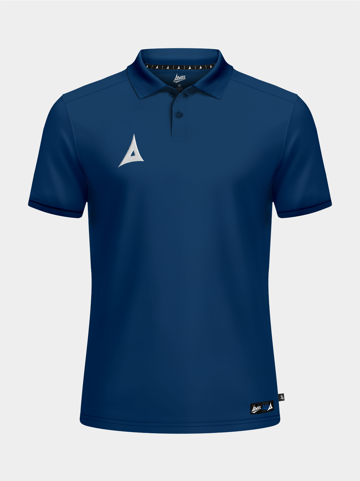 front view of the avec focus 2 navy blue tech polo