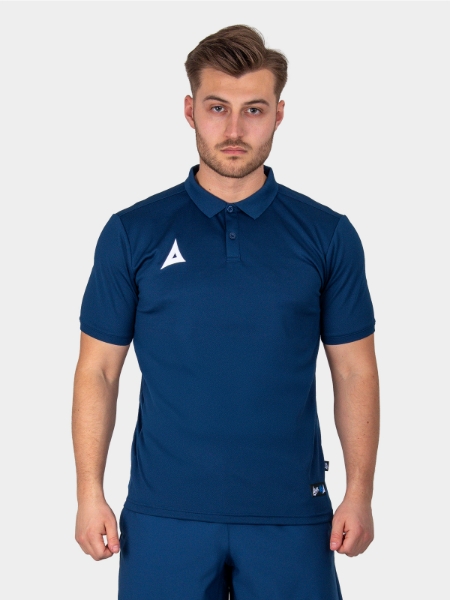 A Male Model wearing the Avec Focus 2 Navy Blue Tech Polo, plain Navy button up tee