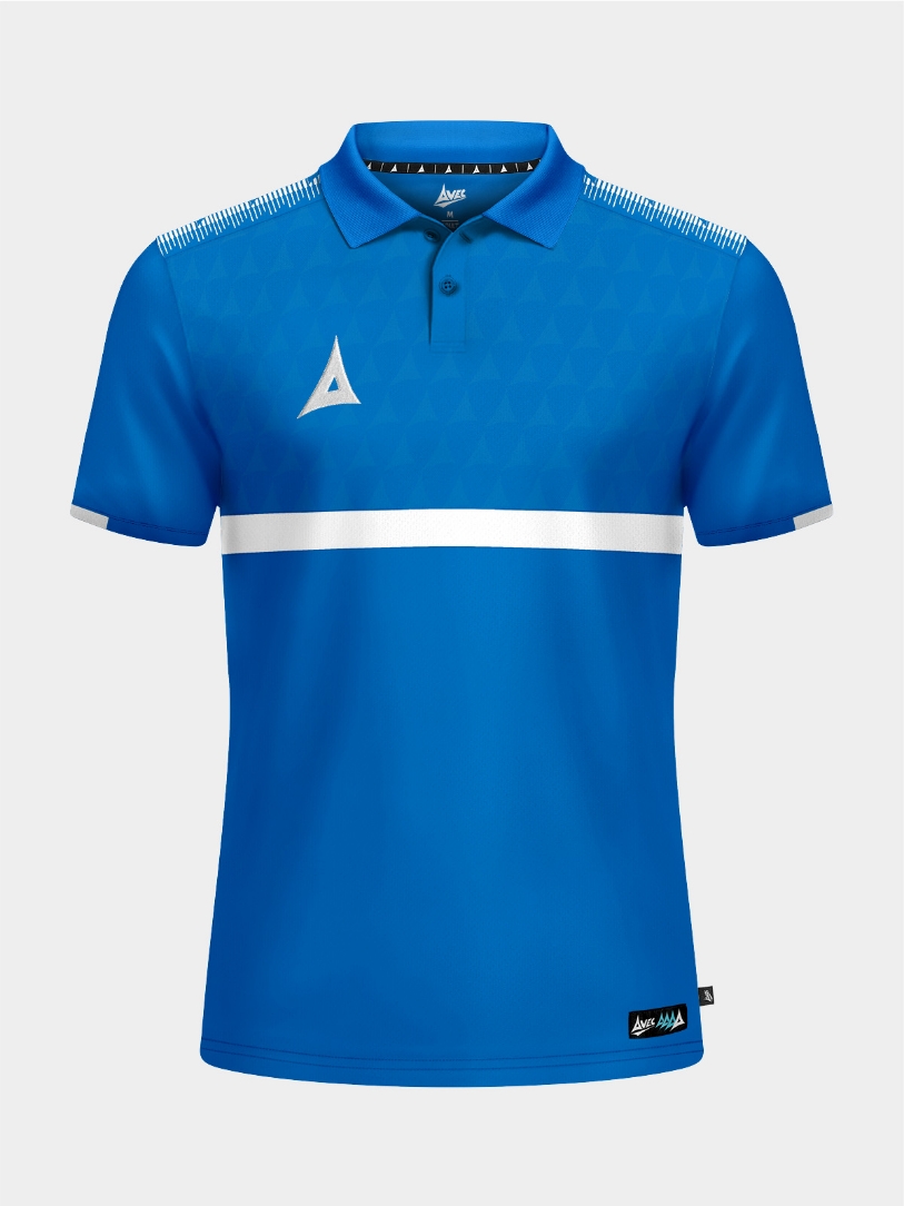 	Front view of the Royal Blue Evolve Pro Tech Polo, showcasing the two-button placket and technical debossed front.