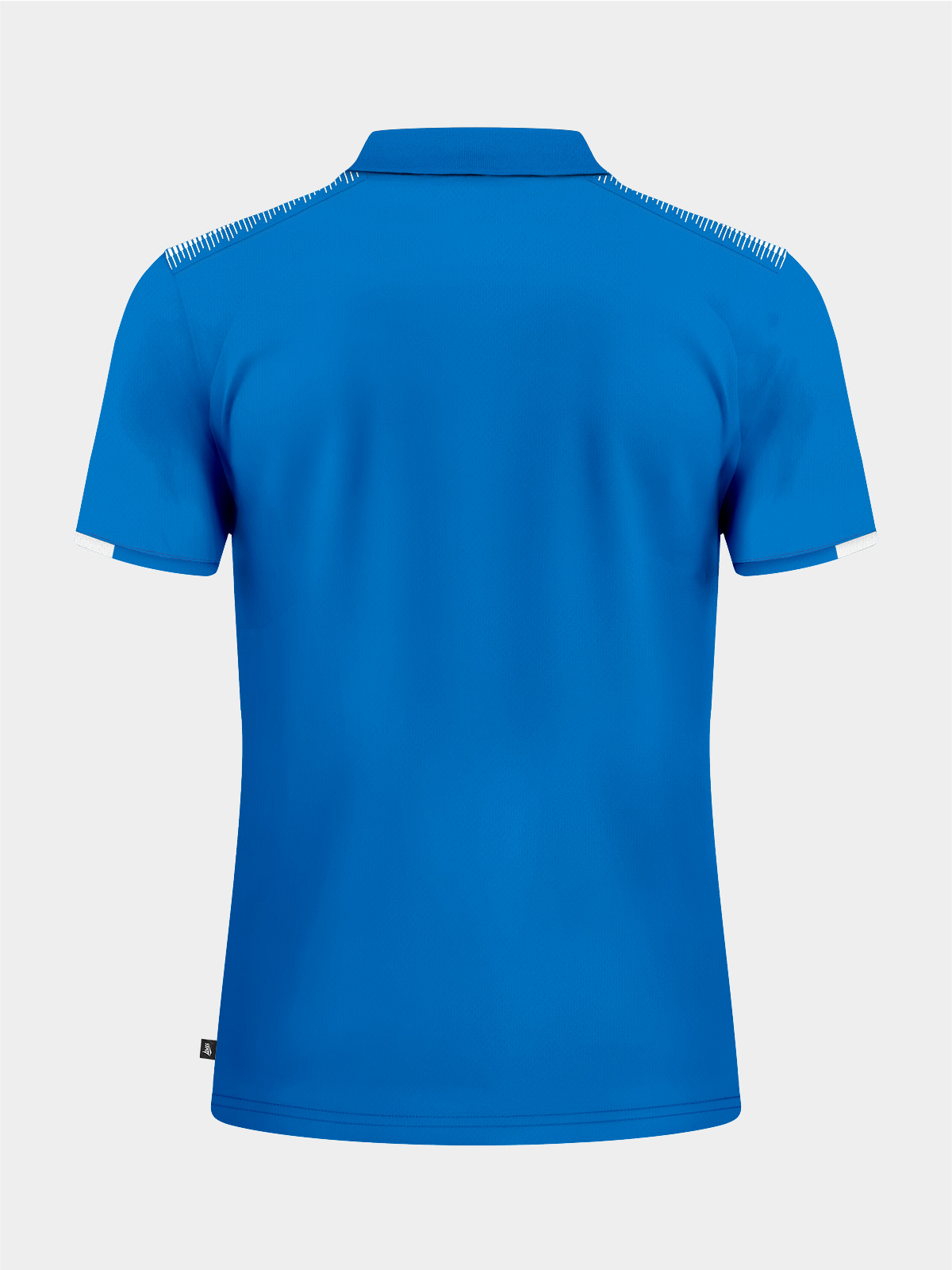 back view of the royal blue travel polo, offering a clean layout for club branding.