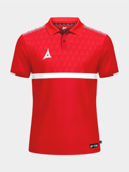 	Front-facing shot of the Red Evolve Pro Tech Polo featuring a smart flat knit neckline and debossed pattern.