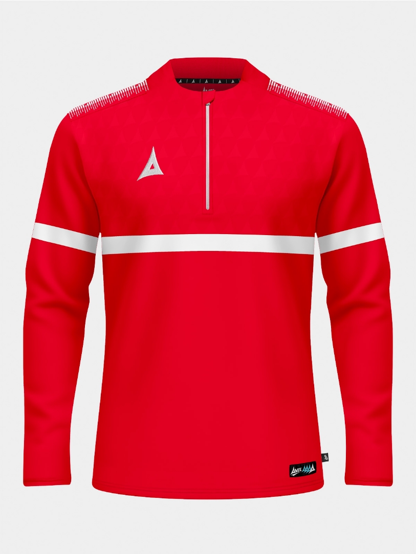 Front perspective of the Red Evolve Pro Overlay, featuring the signature 1/4 zip, mesh ventilation, and debossed chest detail.
