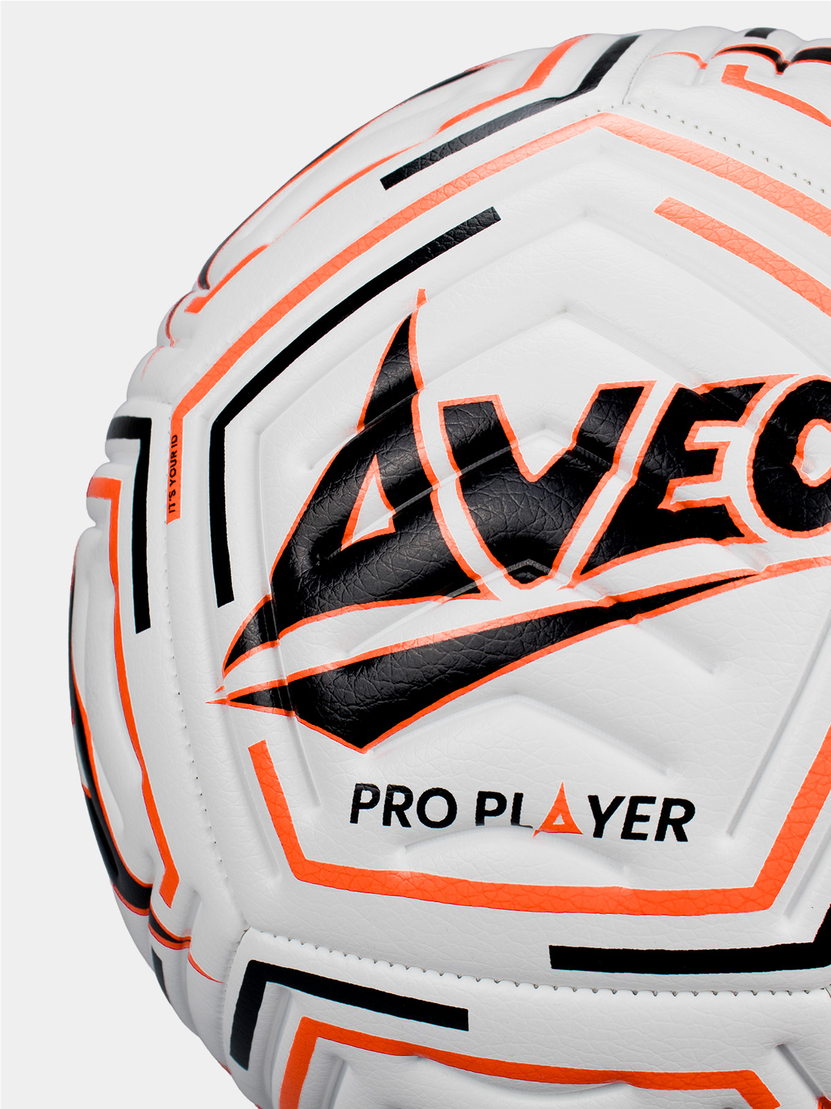 a white football with orange band black details within the graphic pattern, which is available in size 3, 4 or 5