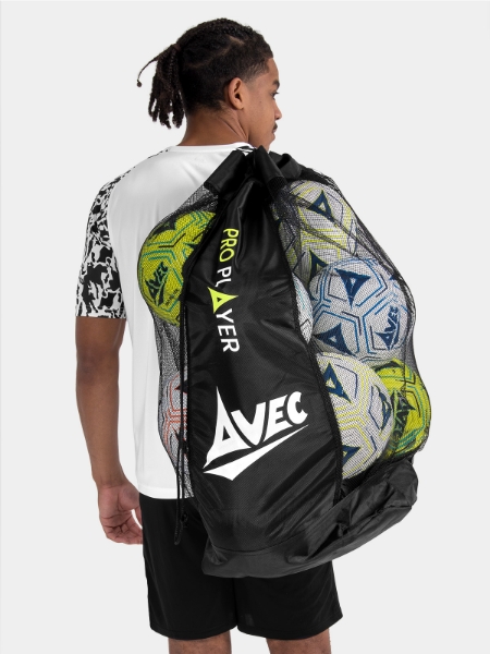 A model carrying Avec Sport football carrier holding multiple training footballs securely