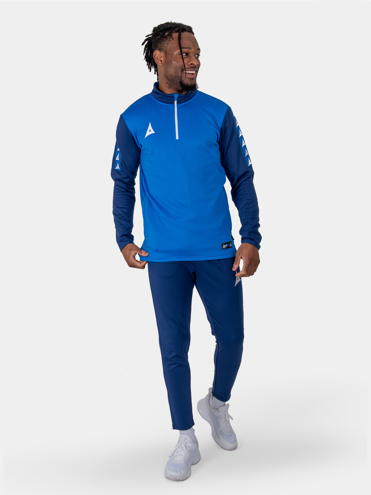 	this comfortable jumper in two blues is also designed for style.