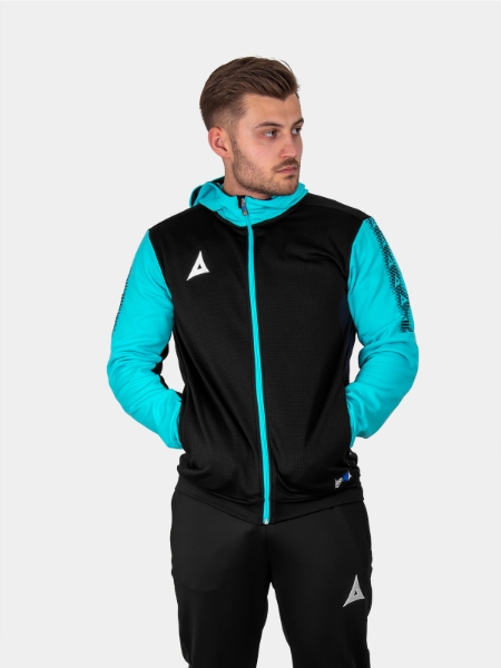 	A man is wearing a black hoodie with a full zip. The item has pale blue sleeves and zip