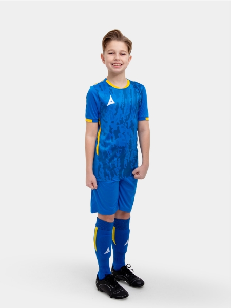 	A kids football kit in royal blue and yellow with matching royal blue shorts and socks