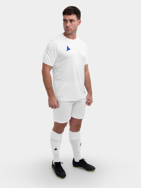 	These white shorts for football are worn with a white football shirt, but could be worn with a royal blue shirt