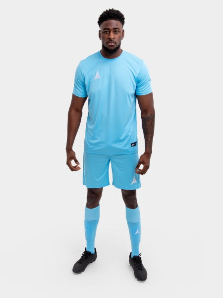 	An adults football kit in sky and matching sky blue shorts and socks