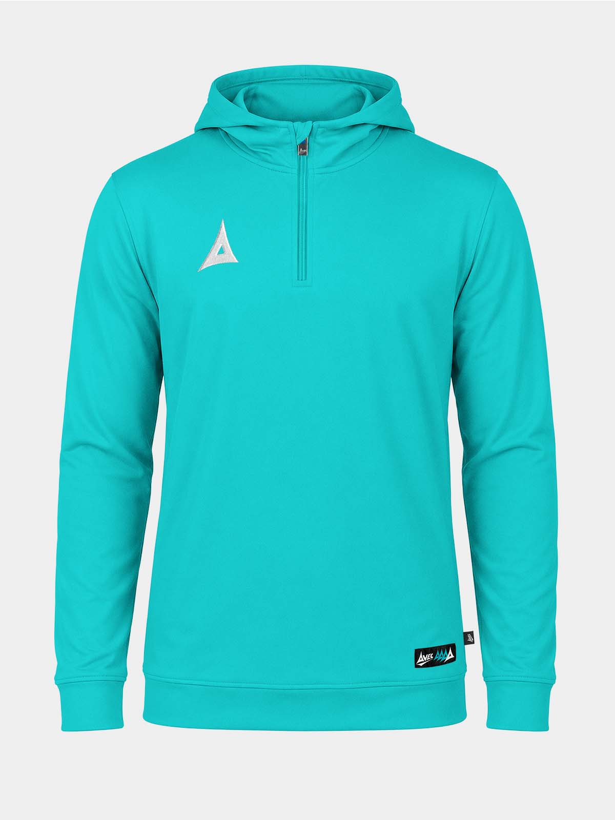 front view of the hyper blue focus 2 qz hoody, featuring a 1/4 zip neckline, integrated hood, and embroidered heritage 'a' logo.