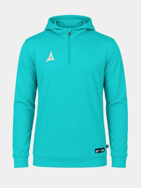 Front view of the Hyper Blue Focus 2 QZ Hoody, featuring a 1/4 zip neckline, integrated hood, and embroidered Heritage 'A' logo.