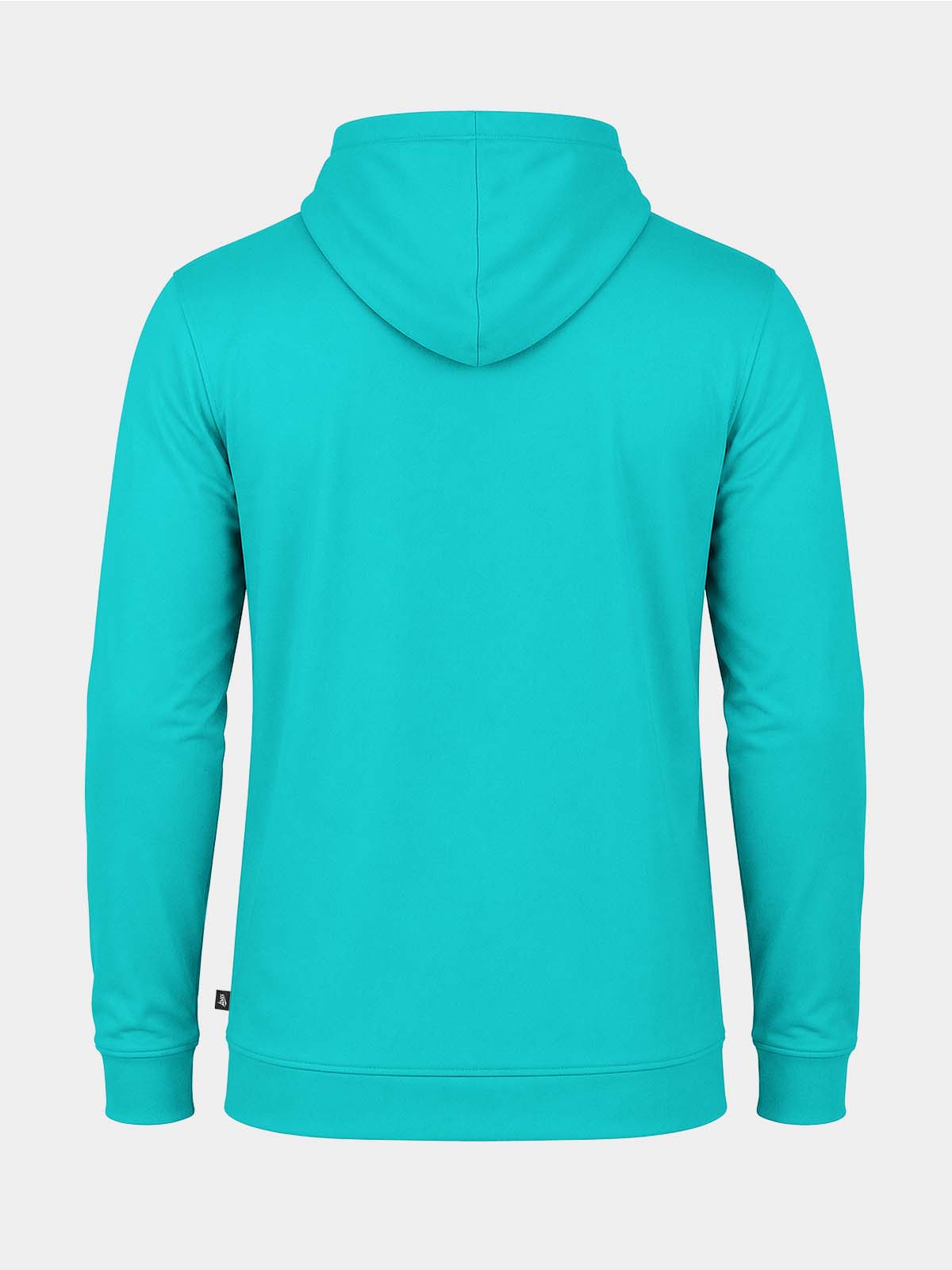 	rear perspective of the hyper blue quarter-zip hoody, showcasing the clean athletic cut and quick-drying interlock fabric.