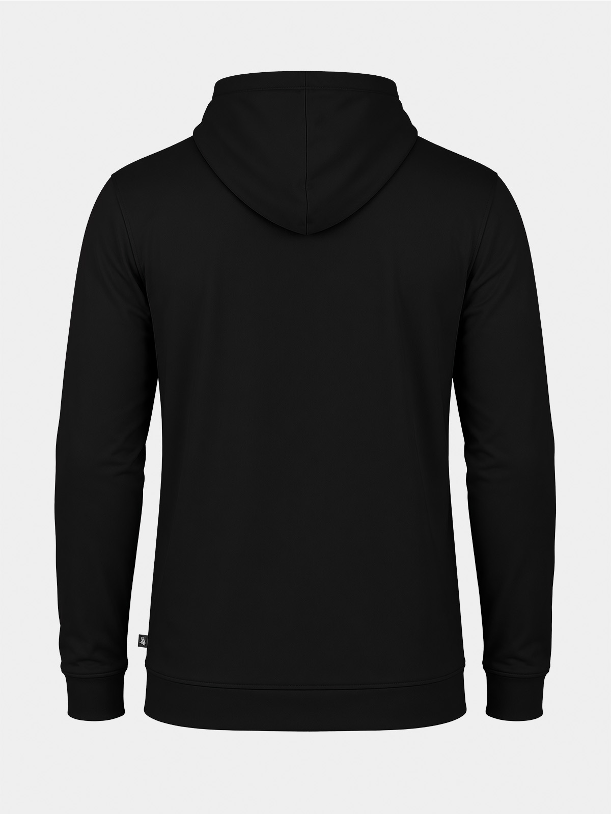 back view of the black focus 2 essentials hoody, highlighting the durable 88% polyester 12% elastane construction.