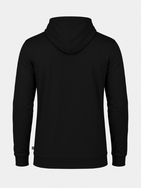 Back view of the Black Focus 2 Essentials hoody, highlighting the durable 88% Polyester 12% Elastane construction.