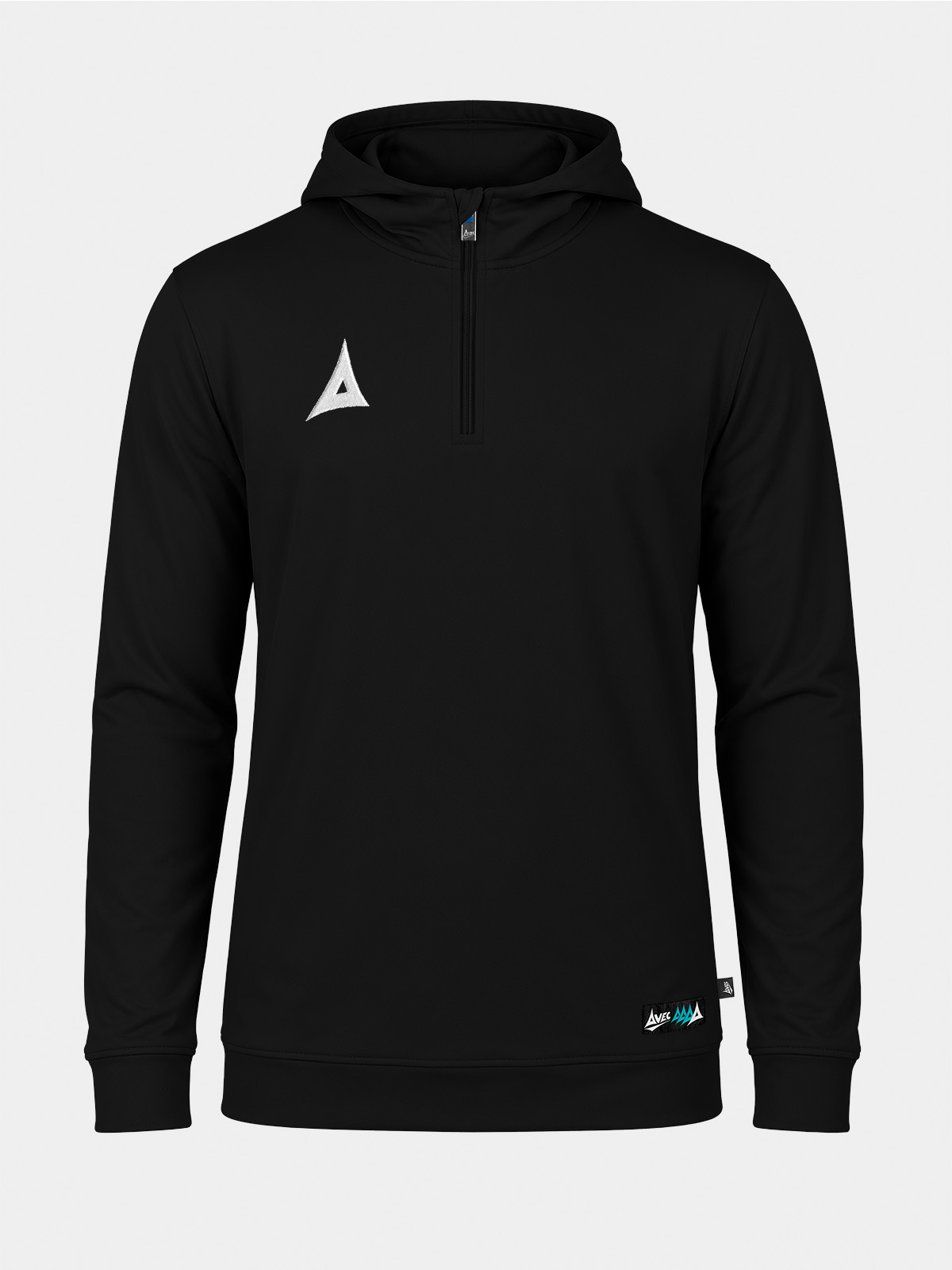 front view of the black focus 2 qz hoody, a core training essential with a quarter-zip front and embroidered branding.