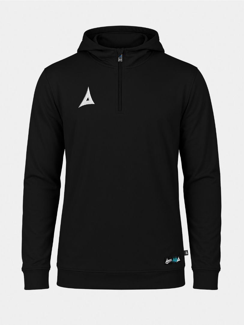 Front view of the Black Focus 2 QZ Hoody, a core training essential with a quarter-zip front and embroidered branding.