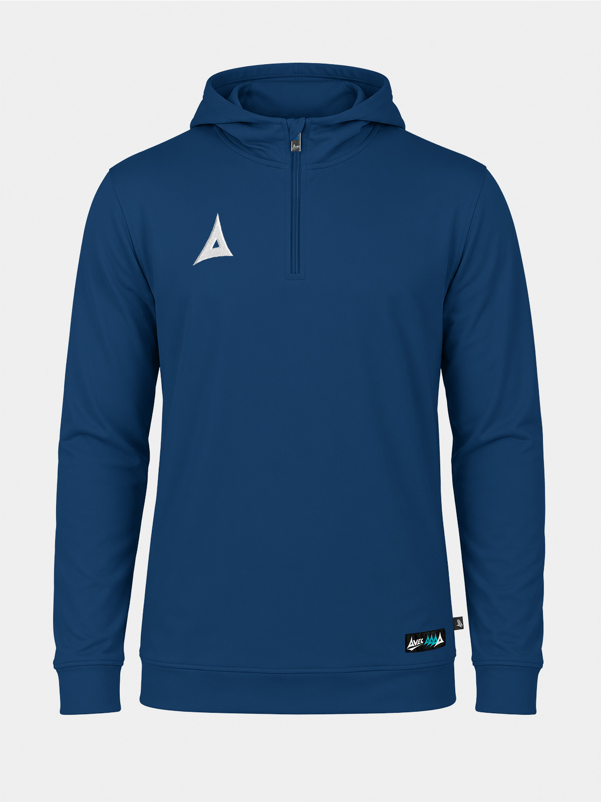 	front perspective of the navy focus 2 qz hoody, displaying the traditional quarter-zip collar and embroidered 'a' logo.
