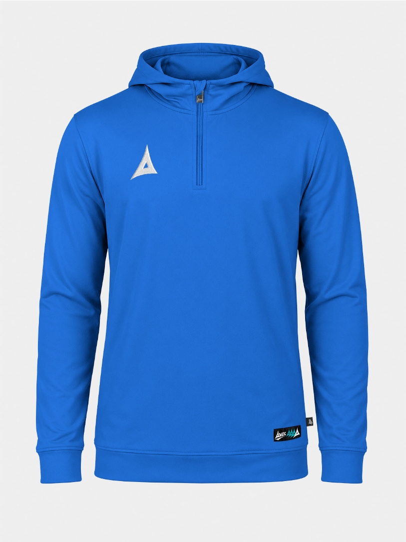 	Front shot of the Royal Blue Focus 2 QZ Hoody, featuring the signature 1/4 zip design and technical hood.