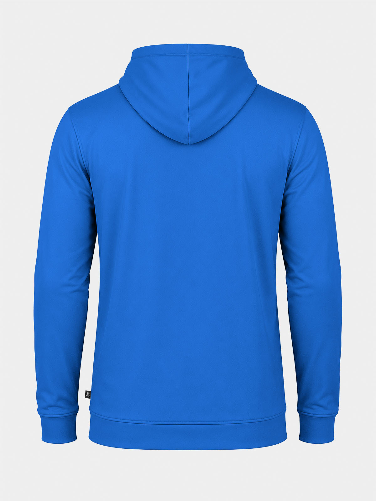 rear view of the royal blue essentials hoody, showcasing the high-stretch fabric and athletic tailoring.