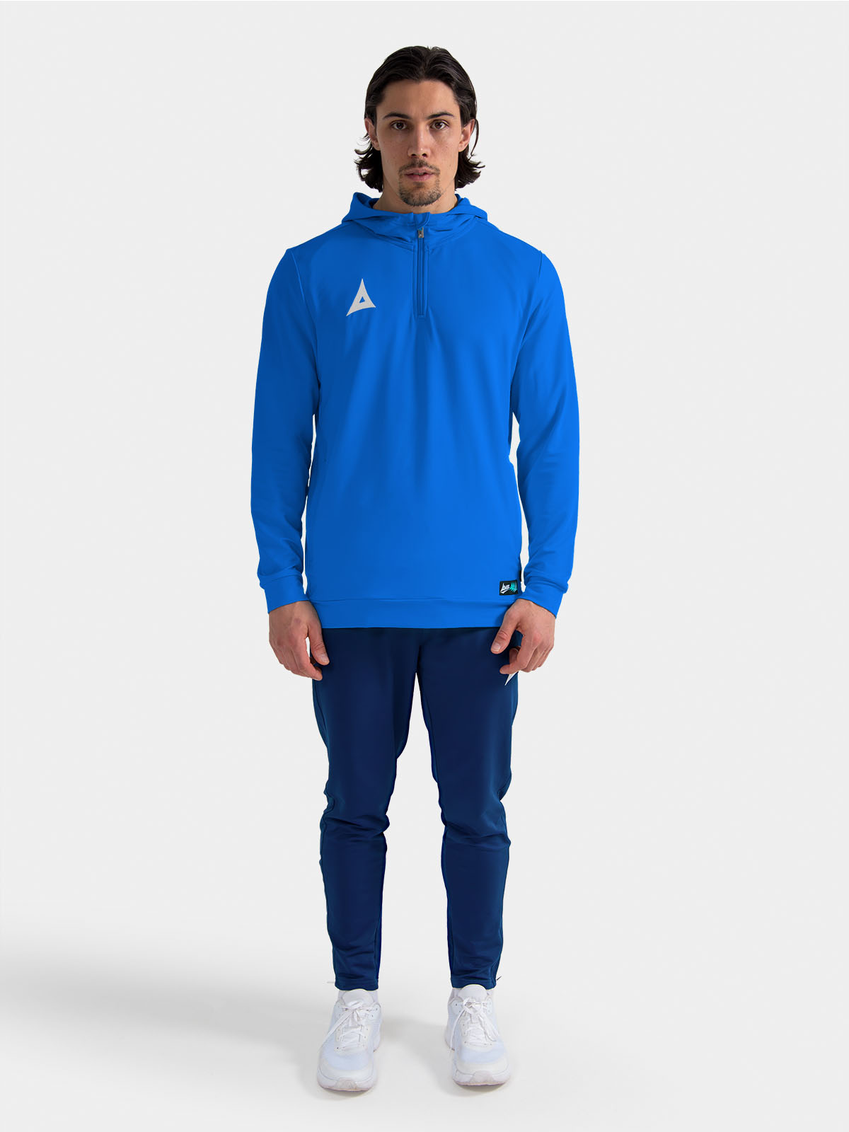 complete royal blue training outfit on-model, featuring the focus 2 qz hoody as a high-performance mid-layer.