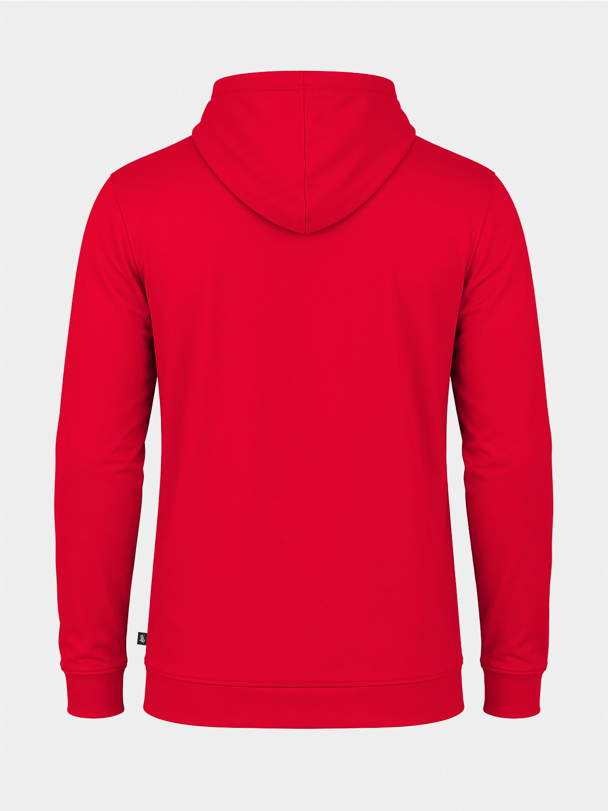 rear view of the red focus 2 essentials hoody, showcasing the durable and flexible performance material.