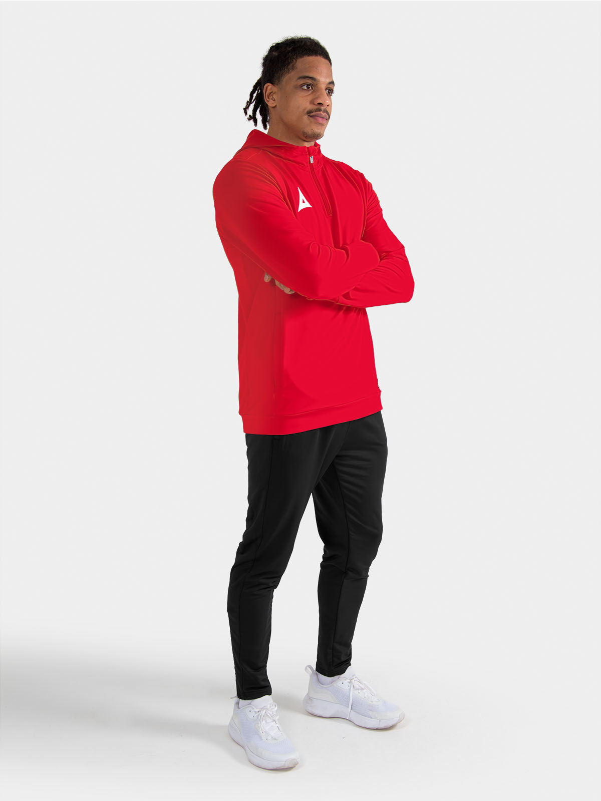 full red training kit on-model, featuring the focus 2 qz hoody as a bold and professional layer.