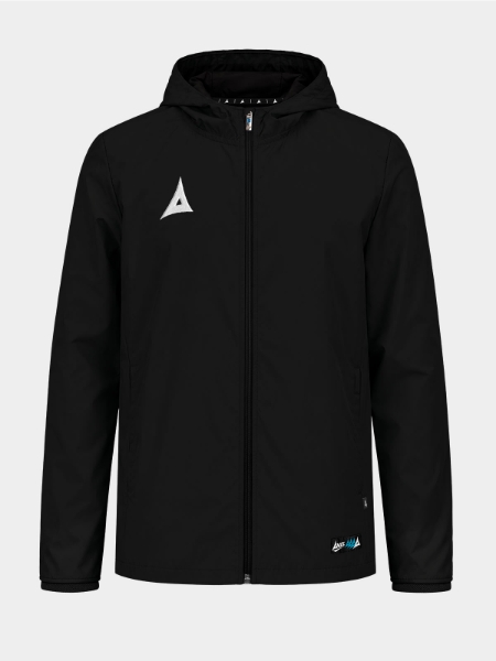 Front view of the Black Focus 2 Shell Jacket, a water-resistant football rain jacket for grassroots clubs.