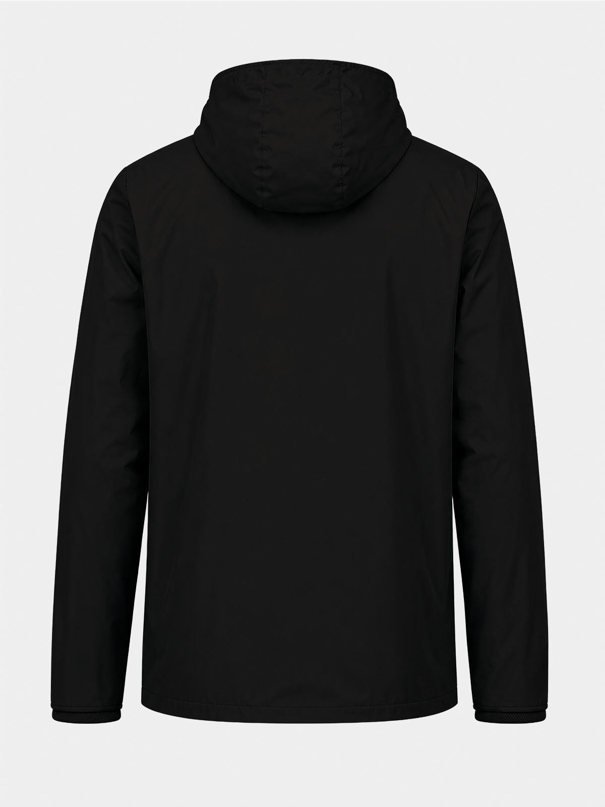 	rear view of the black focus 2 shell jacket showing the clean back panel for custom club printing.