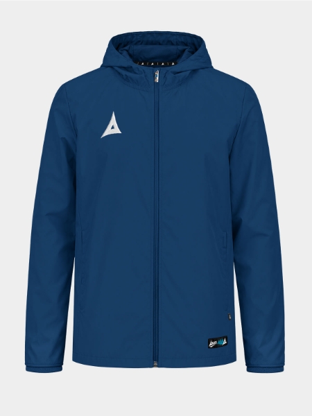 Front view of the Navy Focus 2 Shell Jacket, a classic water-resistant layer for football academy kits.