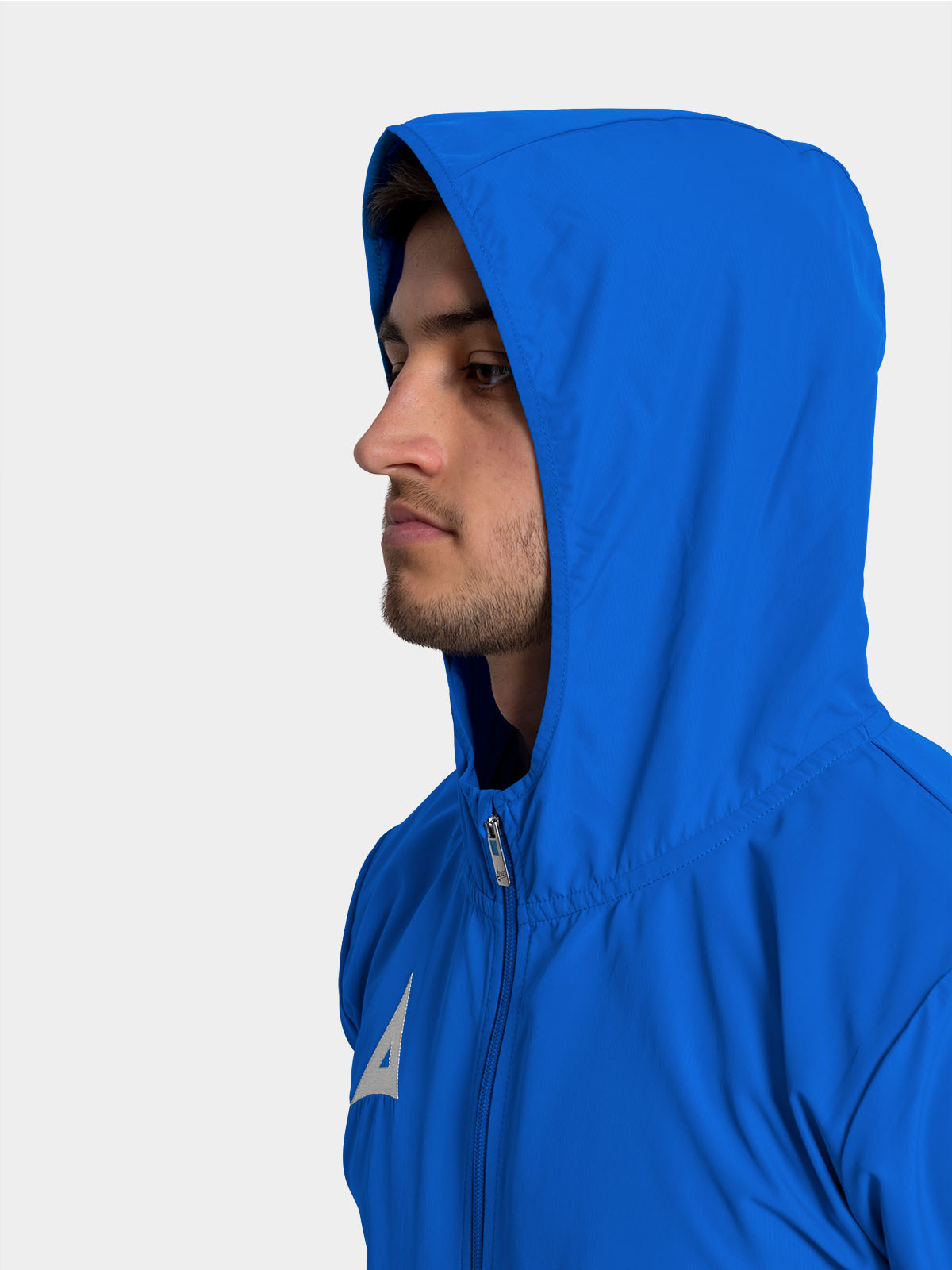 	technical view of the royal blue focus 2 shell jacket hood, designed for shelter during wet-weather training sessions.