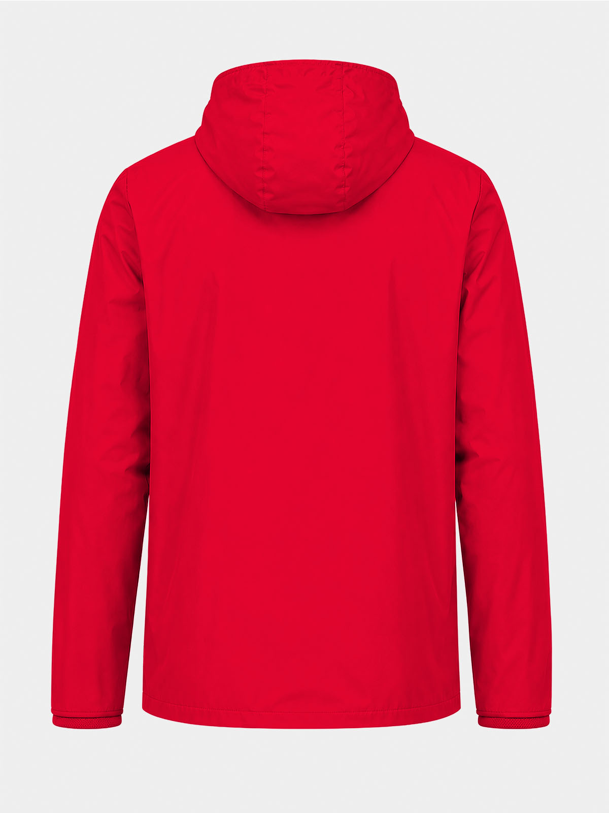 rear view of the red focus 2 football jacket, featuring durable weather-shielding interlock fabric.