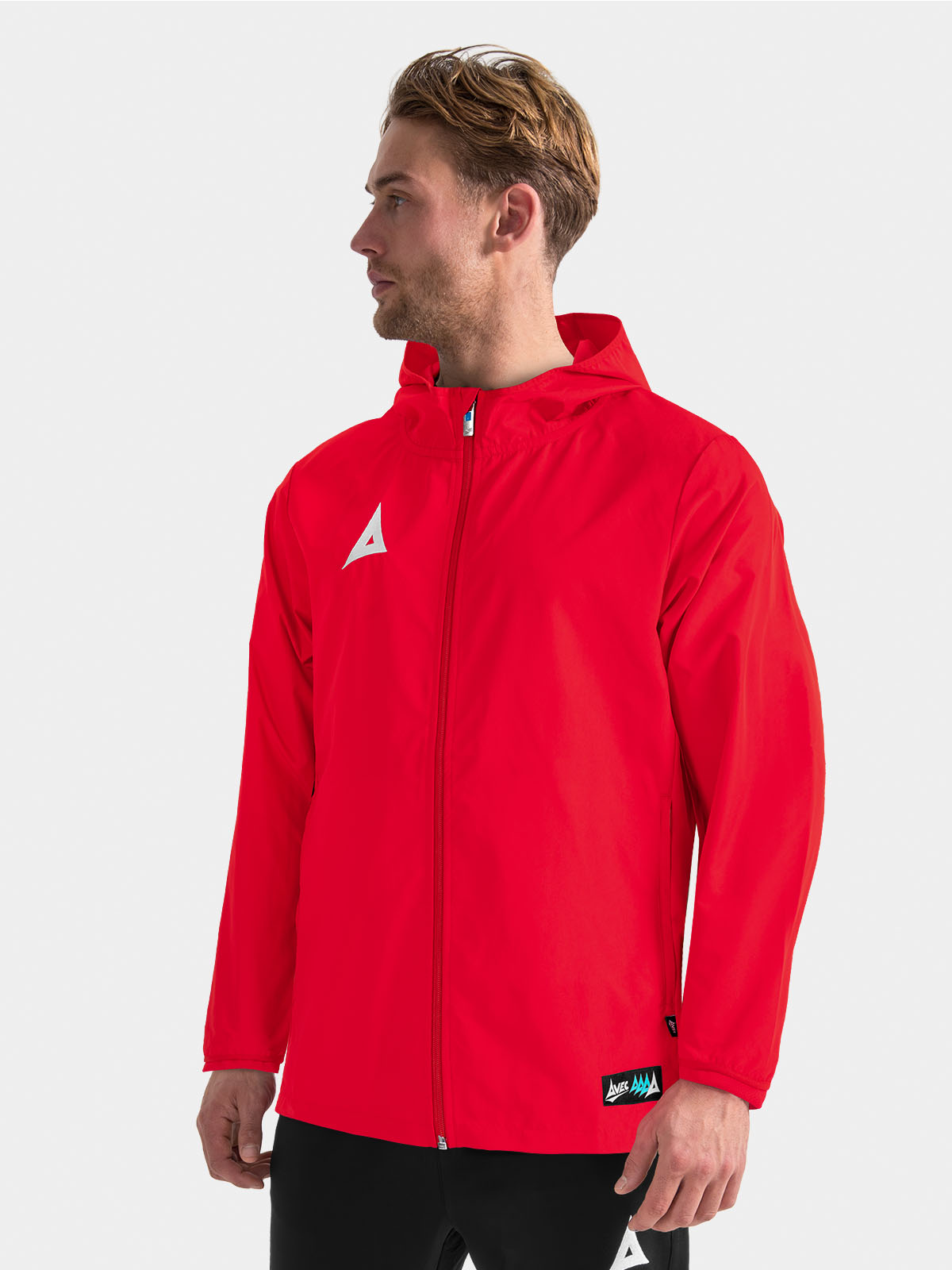 	top-half shot of the red focus 2 training jacket, highlighting the comfortable mesh lining.