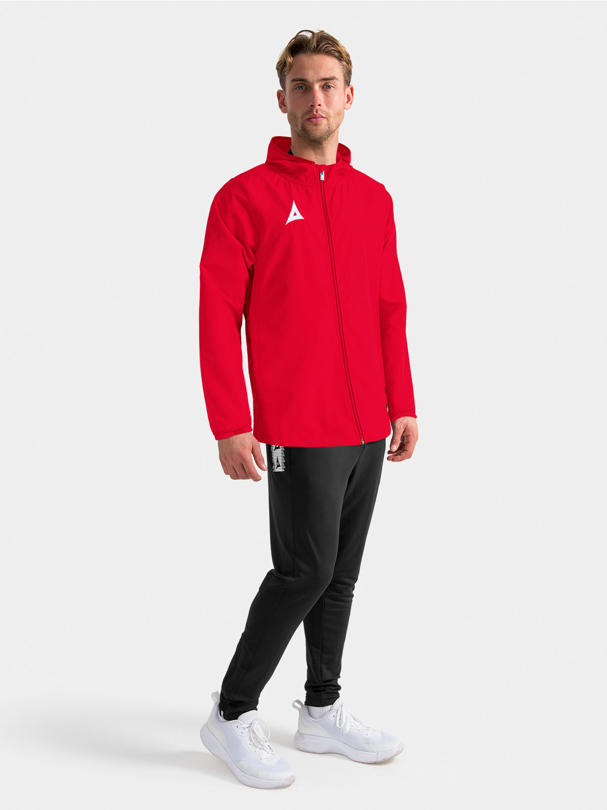 	full-body view of the red focus 2 shell jacket, delivering a bold and professional matchday aesthetic