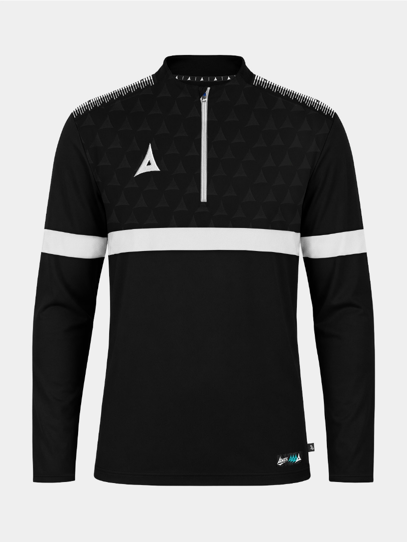 Front view of the Black Evolve Pro Overlay featuring a 1/4 zip, debossed Heritage chest panel, and integrated mesh side panels for ventilation.
