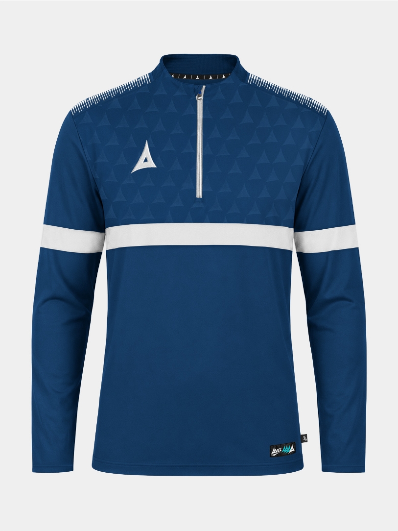 	Front view of the Navy Evolve Pro Overlay, featuring the technical 1/4 zip entry and breathable mesh ventilation panels.