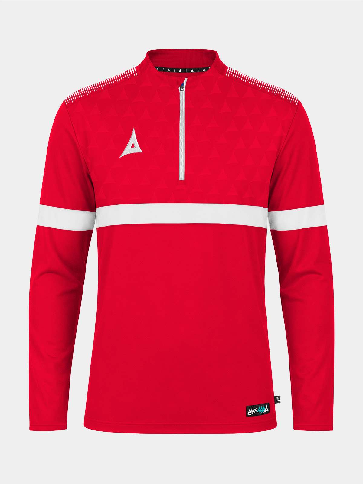 	front perspective of the red evolve pro overlay, featuring the signature 1/4 zip, mesh ventilation, and debossed chest detail.