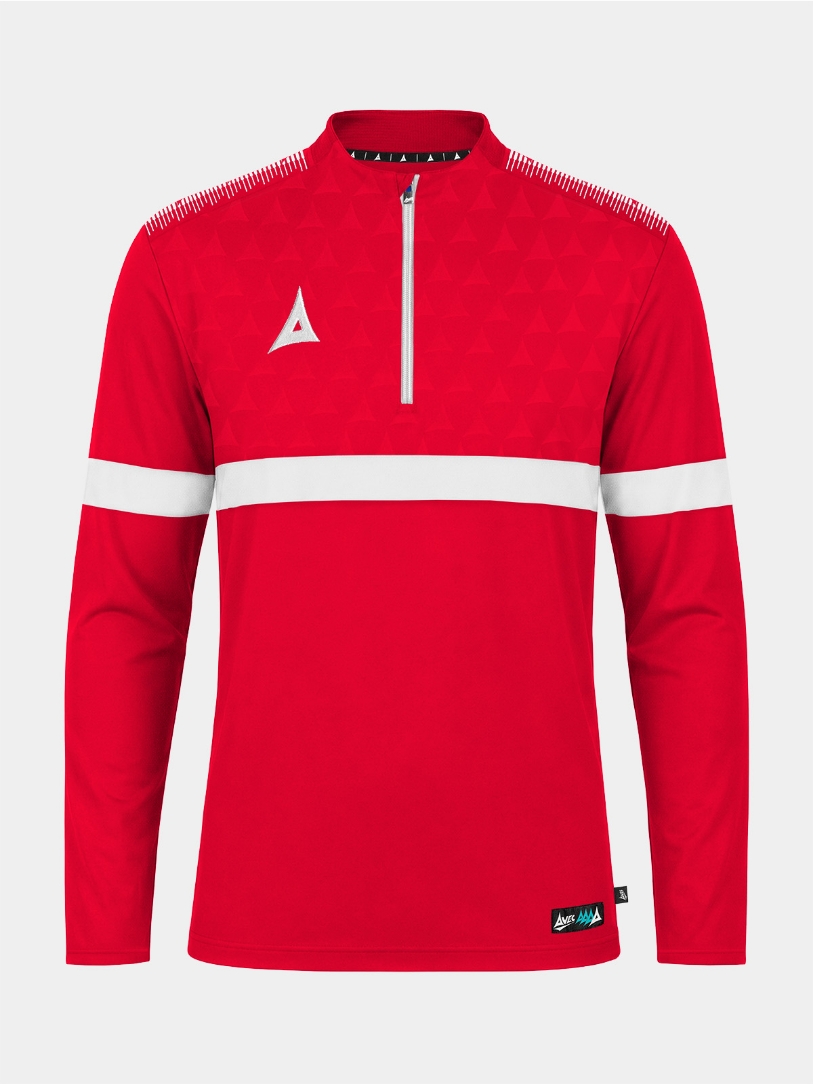 	Front perspective of the Red Evolve Pro Overlay, featuring the signature 1/4 zip, mesh ventilation, and debossed chest detail.