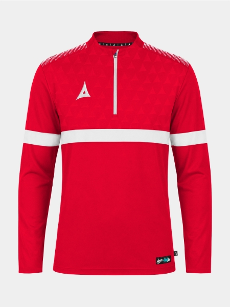 	Front perspective of the Red Evolve Pro Overlay, featuring the signature 1/4 zip, mesh ventilation, and debossed chest detail.