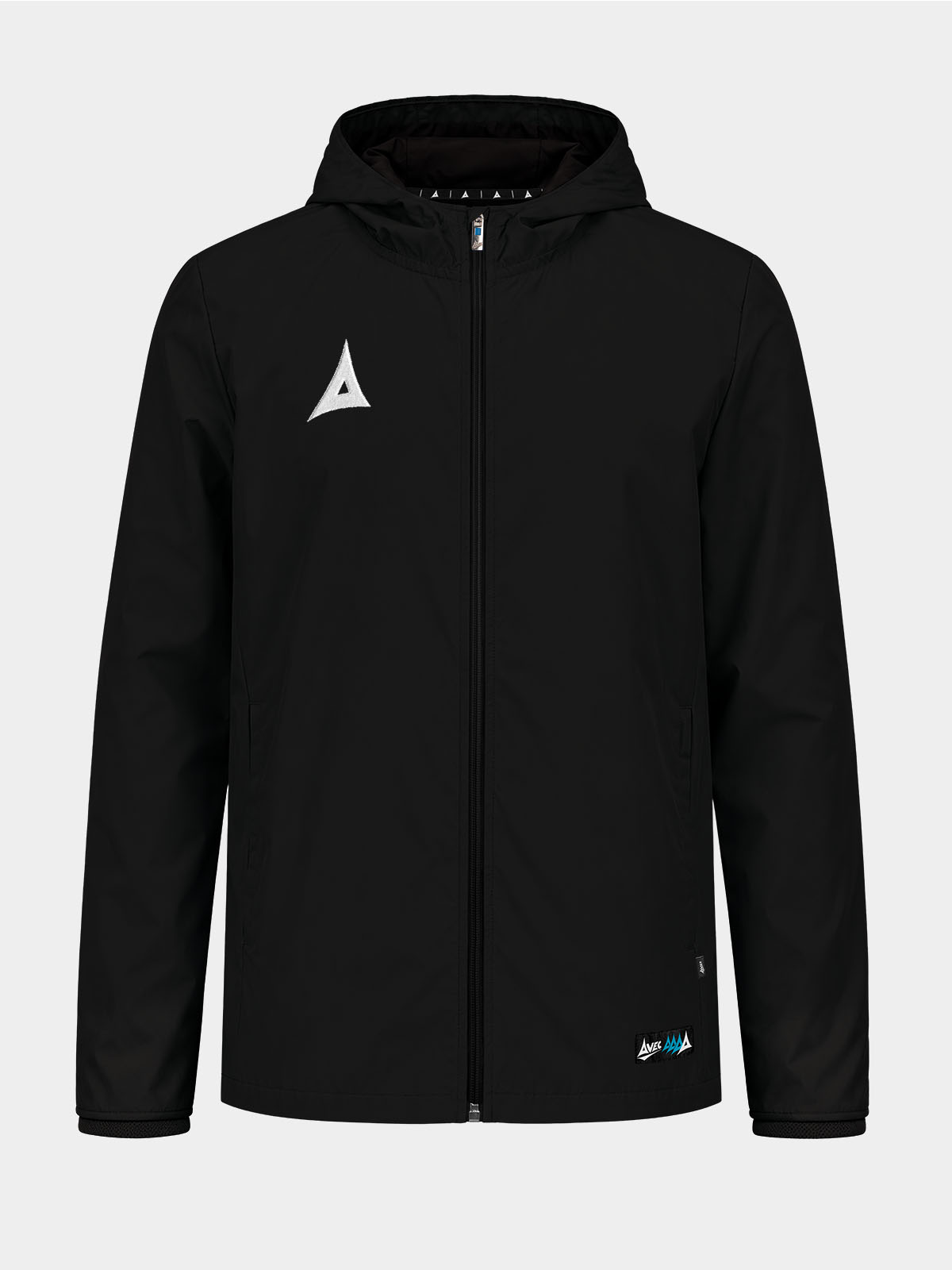 front view of the black focus 2 shell jacket, a water-resistant football rain jacket for grassroots clubs.