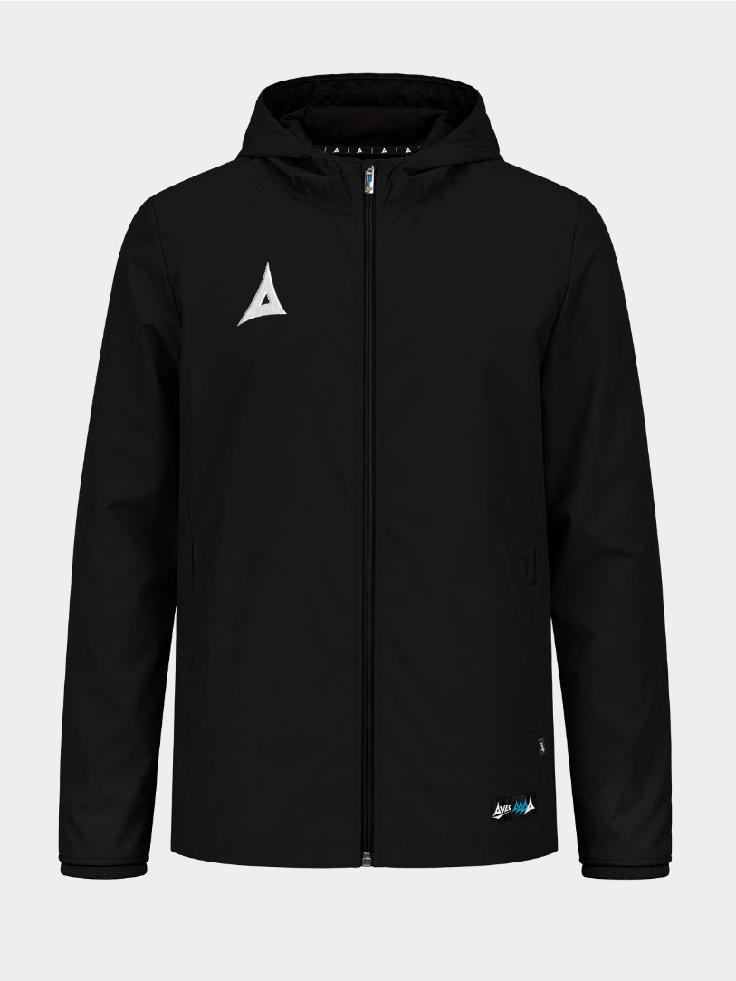 Front view of the Black Focus 2 Shell Jacket, a water-resistant football rain jacket for grassroots clubs.