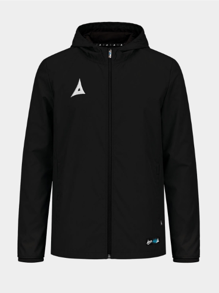 Front view of the Black Focus 2 Shell Jacket, a water-resistant football rain jacket for grassroots clubs.