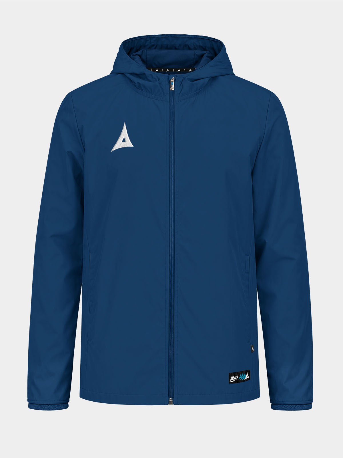 	front view of the navy focus 2 shell jacket, a classic water-resistant layer for football academy kits.
