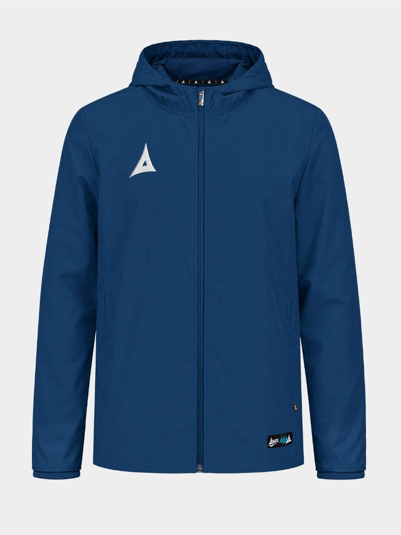 	Front view of the Navy Focus 2 Shell Jacket, a classic water-resistant layer for football academy kits.
